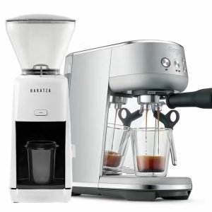Siebträgermaschine Sage The Bambino Edelstahl + Kaffeemühle Baratza Encore ESP weiß
